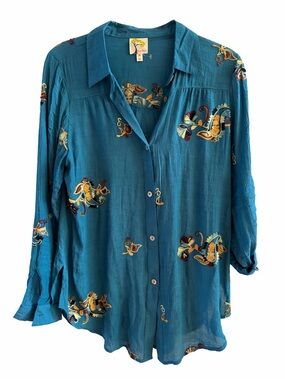 Fig and Flower Teal Embroidered Button-Down Blouse-Size M